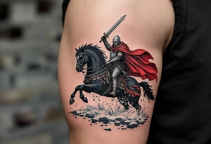 Rusichi Warrior – A stern-faced Slavic knight in chainmail, with blood-red cloak and silver sword raised, riding a black stallion across snow-covered terrain. tattoo idea