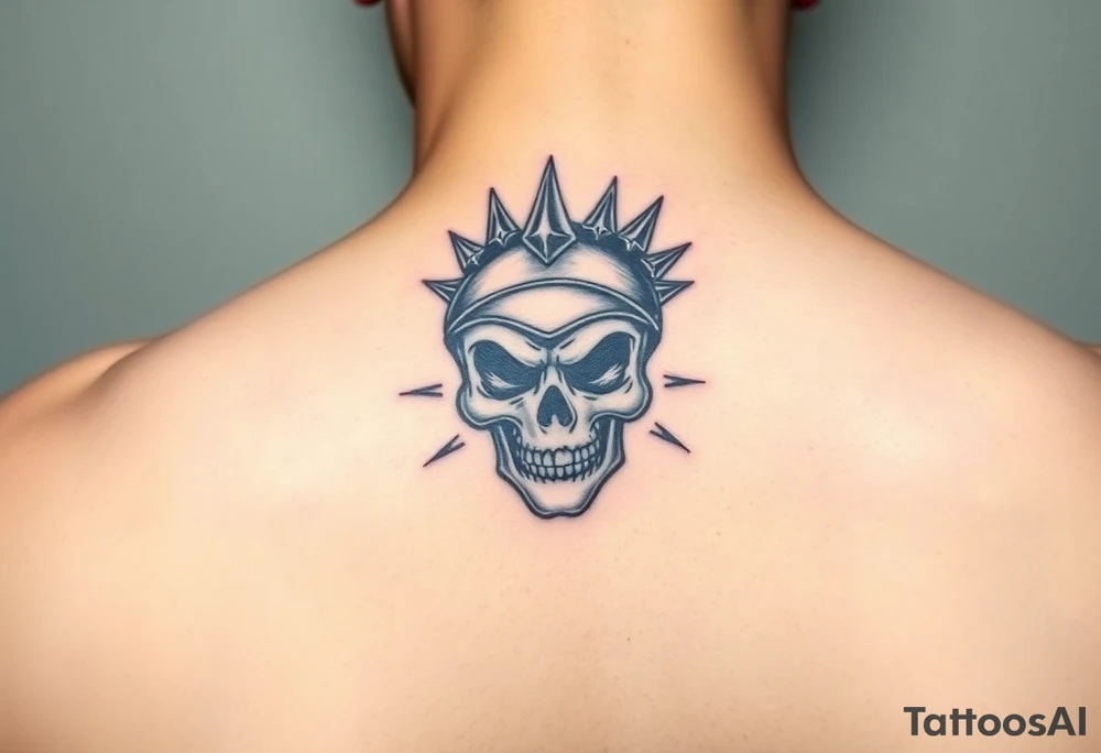 A skull crowned with a spiked helmet, surrounded by a dark aura, in shades of grey and silver, symbolizing strength and defiance tattoo idea