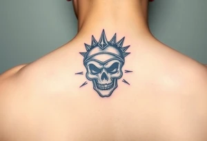 A skull crowned with a spiked helmet, surrounded by a dark aura, in shades of grey and silver, symbolizing strength and defiance tattoo idea