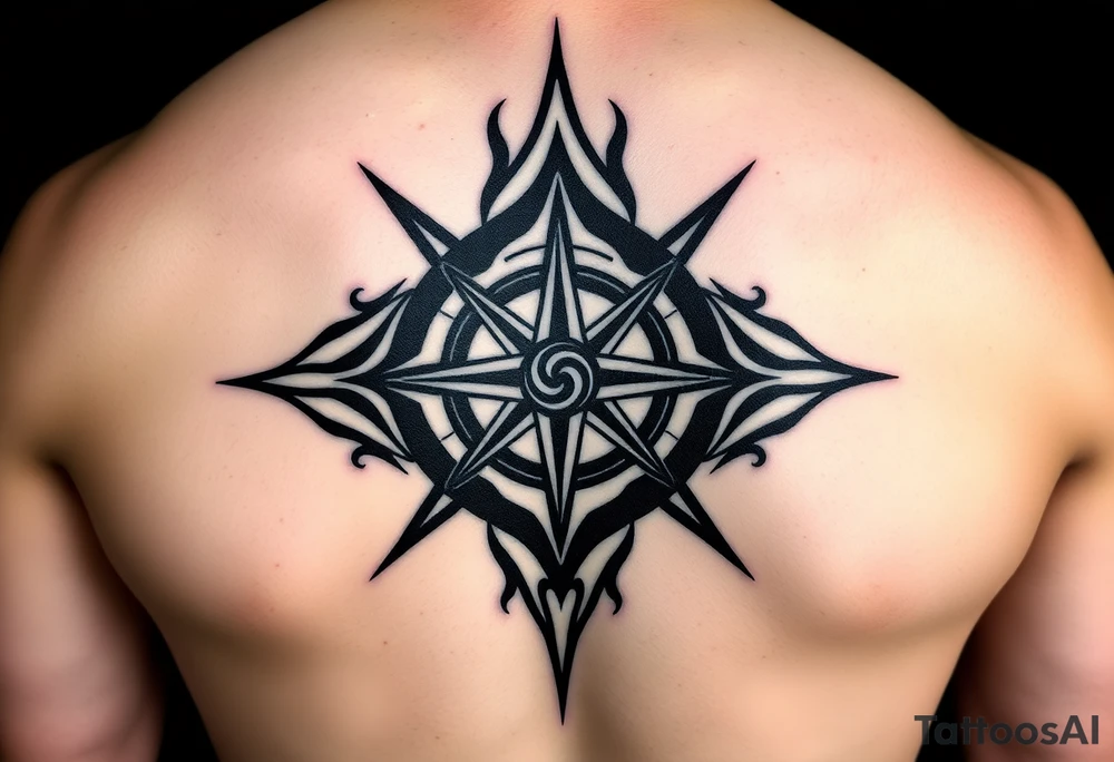 A sharp edged rip curl wave inside of an elongated diamond infront of a compass rose tattoo idea
