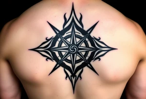 A sharp edged rip curl wave inside of an elongated diamond infront of a compass rose tattoo idea