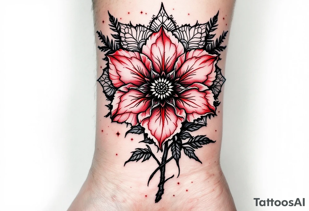 red  and black rhododendron trippy with mandala behind tattoo idea