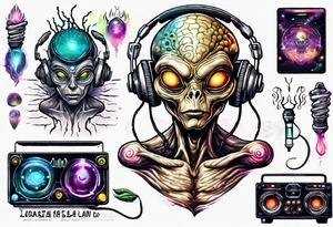 An alien DJ with a glowing pineal gland and energy flowing tattoo idea