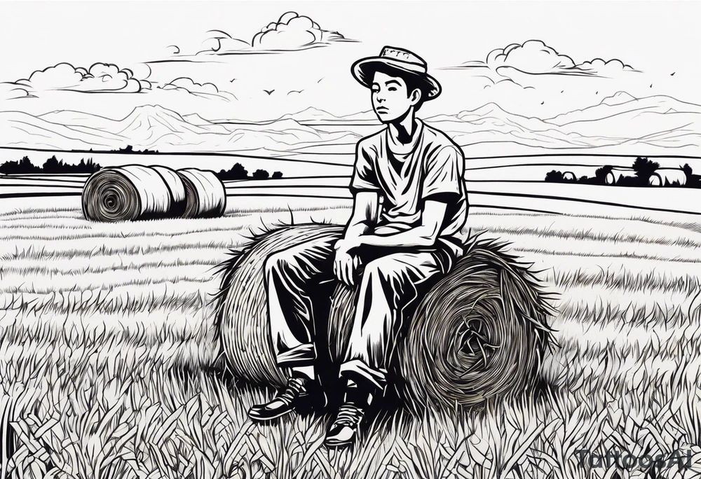 A boy sitting on top of a twisted bale of hay in a field where you can see the same bales of hay in the distance, and a tattoo idea