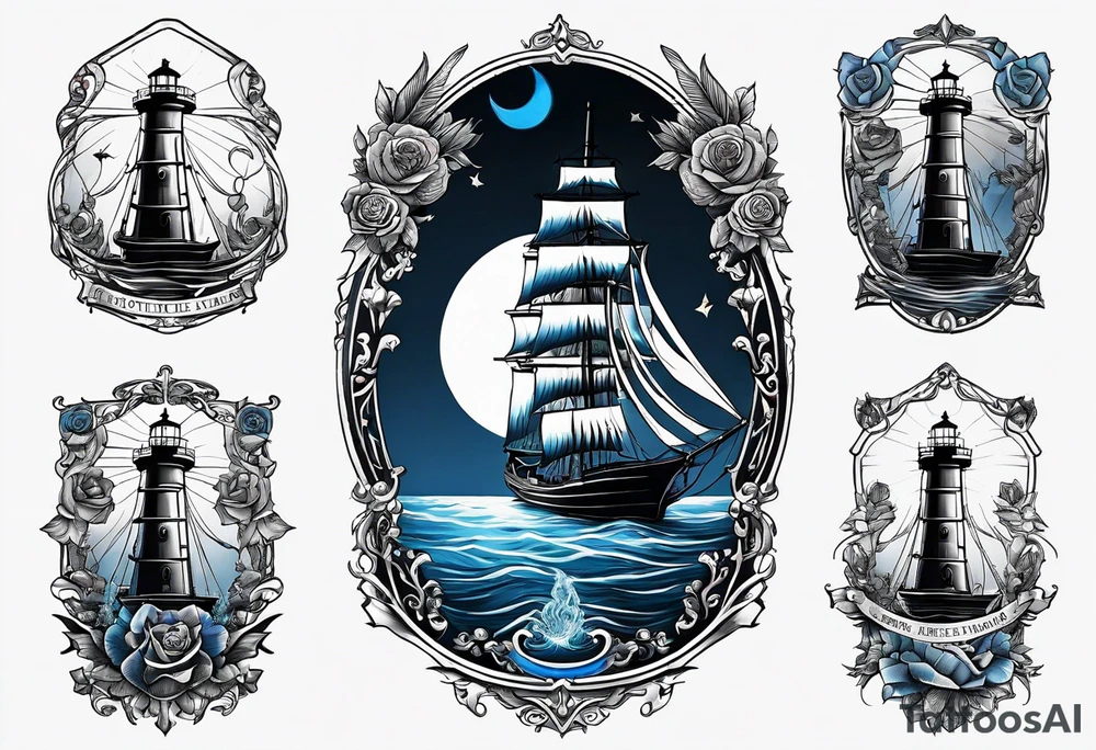 bateau, phare maritime, phoenix, rose des vents et lune bleu. tattoo idea
