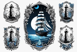 bateau, phare maritime, phoenix, rose des vents et lune bleu. tattoo idea