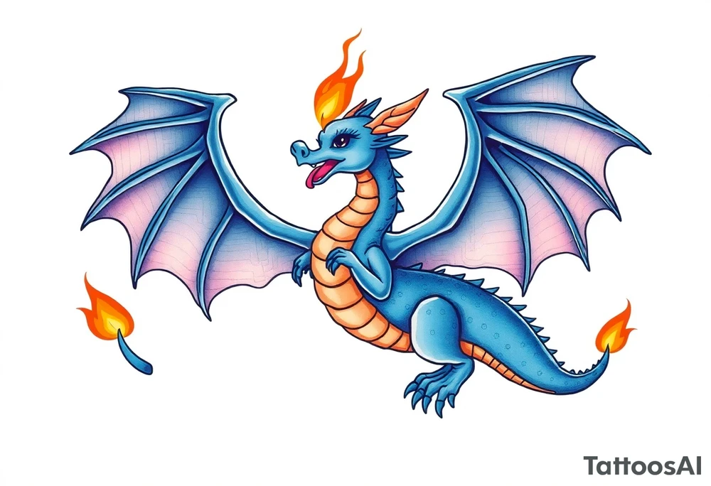 Blue fire breathing dragon with wings spread tattoo idea