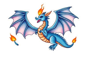 Blue fire breathing dragon with wings spread tattoo idea