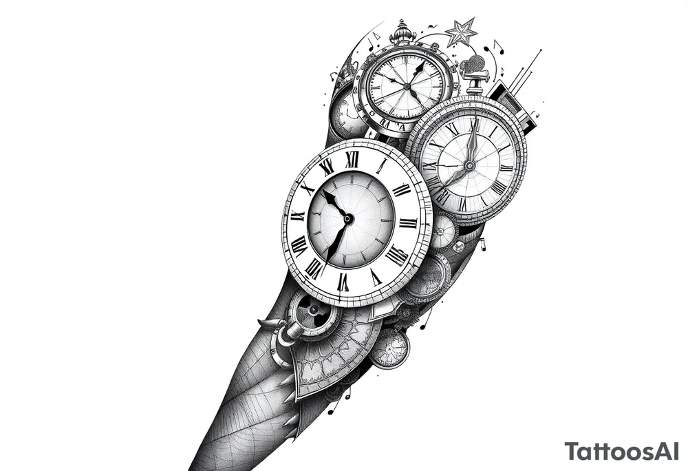 I want to create a sleeve for my left arm with elements if time and music and the dates 19.04.2019 and 28.01.2022 in Roman numerals tattoo idea