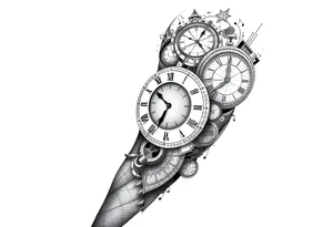 I want to create a sleeve for my left arm with elements if time and music and the dates 19.04.2019 and 28.01.2022 in Roman numerals tattoo idea