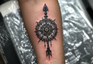 steampunk half compass half clock with a long native American arrow pointing at my wrist with the words “True North” and says "Isaiah 40:31" tattoo idea