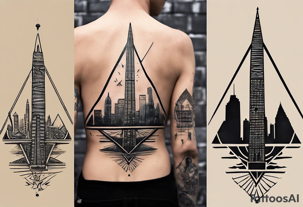 Create a visually dynamic tattoo that seamlessly blends the timeless elegance of the three Pyramids of Giza with the modern allure of the Manhattan skyline. Envision the pyramids standing majestically, perhaps incorporating subtle Egyptian motifs like hieroglyphs or an ankh, transitioning smoothly into the iconic structures of New York, such as the Empire State Building and One World Trade Center. tattoo idea