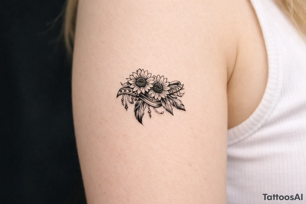 sunflowers with feathers and female Indian tribal ribbon tattoo idea