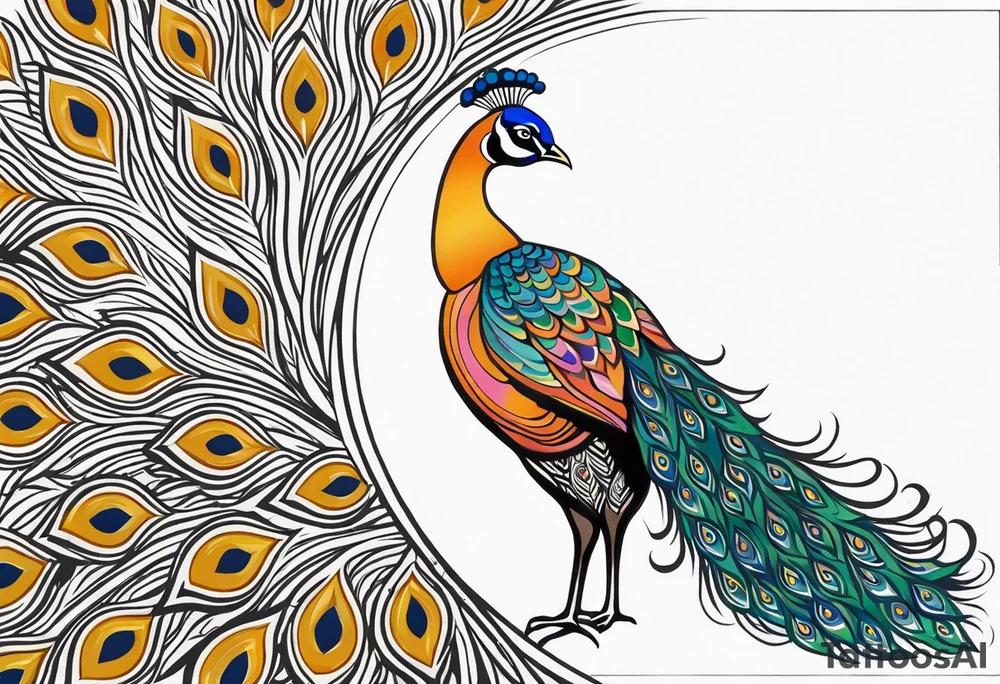 Colorful peacock that is longer than it is wide over a sublime style sun standing in a stick with a horseshoe over the top of the peacock to each side of the stick tattoo idea