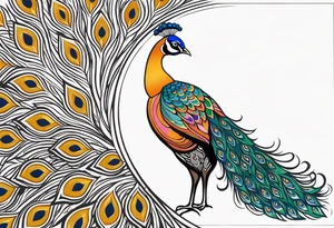 Colorful peacock that is longer than it is wide over a sublime style sun standing in a stick with a horseshoe over the top of the peacock to each side of the stick tattoo idea