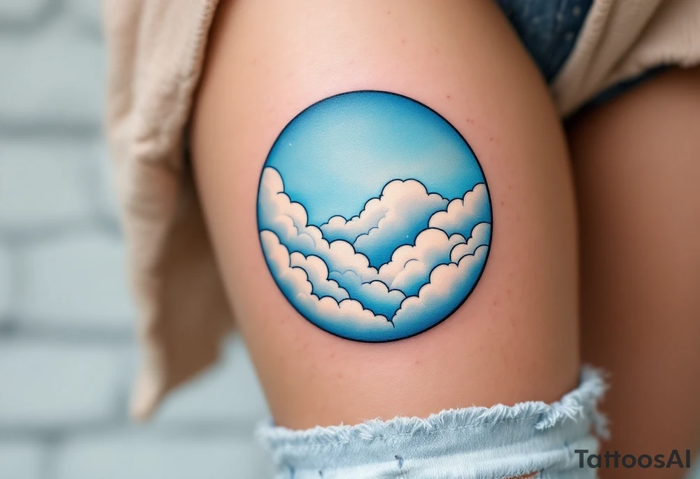 A pale blue circle with soft cloud textures inside, representing calm and open skies. tattoo idea
