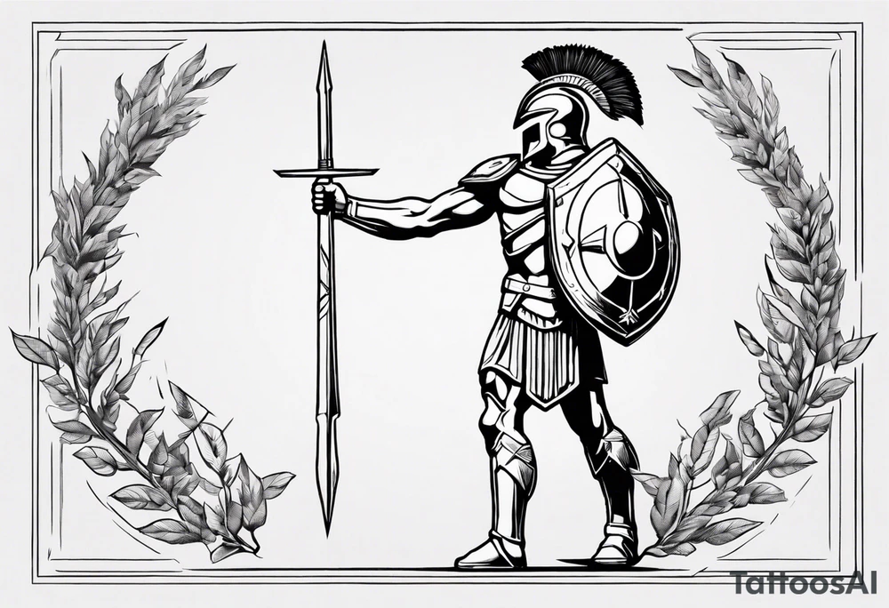 rectangular landscape format ultra-fine line linework vector of a spartan from the side, spartan spear, spartan shield, laurel wreath tattoo idea