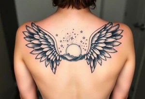 Night sky with constellation, stars  & moon seen from a frame of natural landscape angel wings tattoo idea