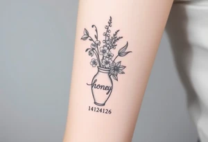 lily of the valley, hawthorn and bird of paradise in a vase that says 'honey' on it with the date may 26 1970 in roman numerals tattoo idea