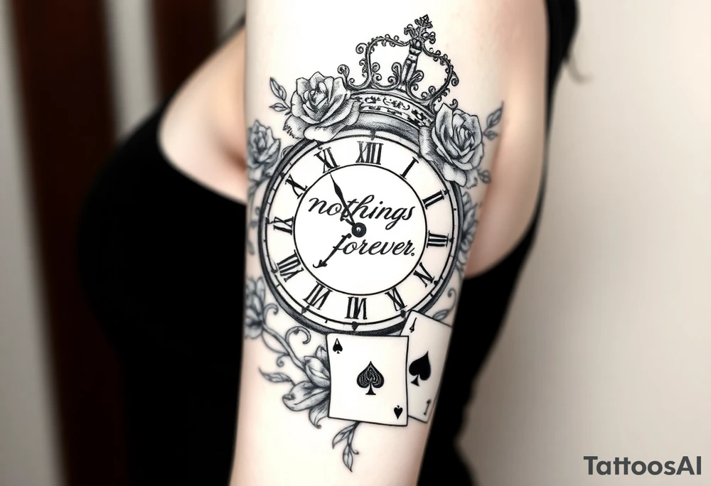 Roman clock with roses and a crown, a quote that says nothings forever. and on the bottom a deck of cards tattoo idea