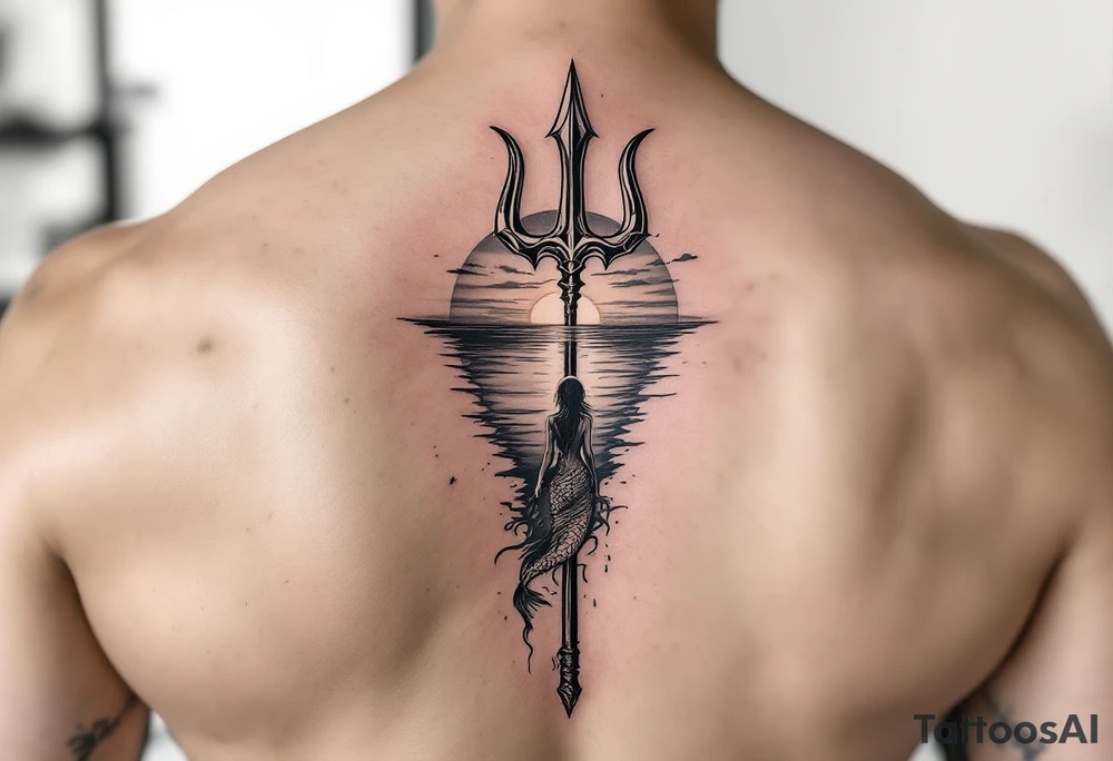 trident half way under calm water with sunset and mermaid tattoo idea
