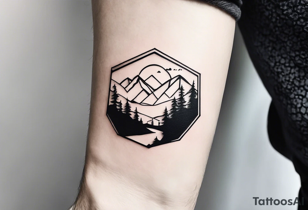 Create a tattoo design for the inside of a man's forearm, extending to part of his shoulder. The design should feature three distinct scenes, each enclosed within a hexagon. These hexagons should be surrounded by lines and small, simple elements inspired by the theme of a Russian village.

The first hexagon should depict a boy sitting on top of a bale of hay in a field, looking into the distance.
The second hexagon should illustrate the exterior of a village club.
The third hexagon should show a small river flowing through a field, with a dam reducing the water flow.
Please ensure the overall composition is cohesive, with the surrounding elements enhancing the village theme. tattoo idea