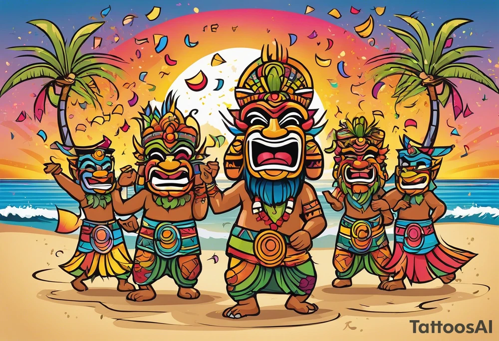 dancing tiki gods dance party on the beach with a sunset in the center of the image with confetti and music notes tattoo idea