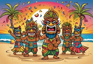 dancing tiki gods dance party on the beach with a sunset in the center of the image with confetti and music notes tattoo idea