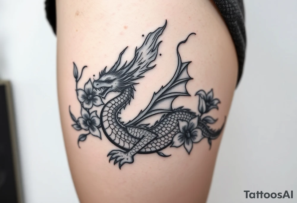 a big fire-breathing dragon with some lilys on the sides tattoo idea