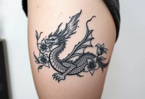 a big fire-breathing dragon with some lilys on the sides tattoo idea