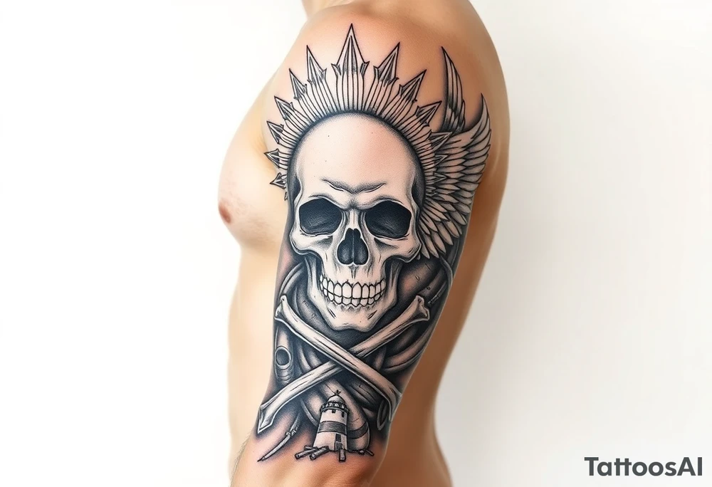 Skull and crossbones, sun, phoenix, light house. tattoo idea