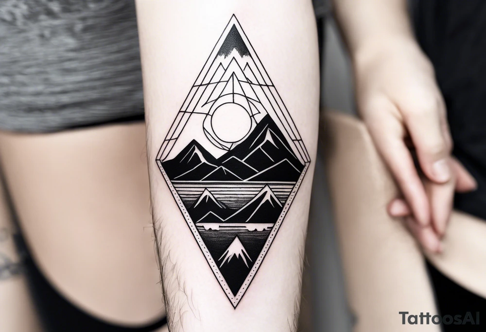 A simple tattoo with mountains and sun in fine line triangles with quote Memento Vivere tattoo idea