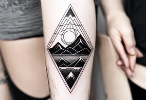 A simple tattoo with mountains and sun in fine line triangles with quote Memento Vivere tattoo idea