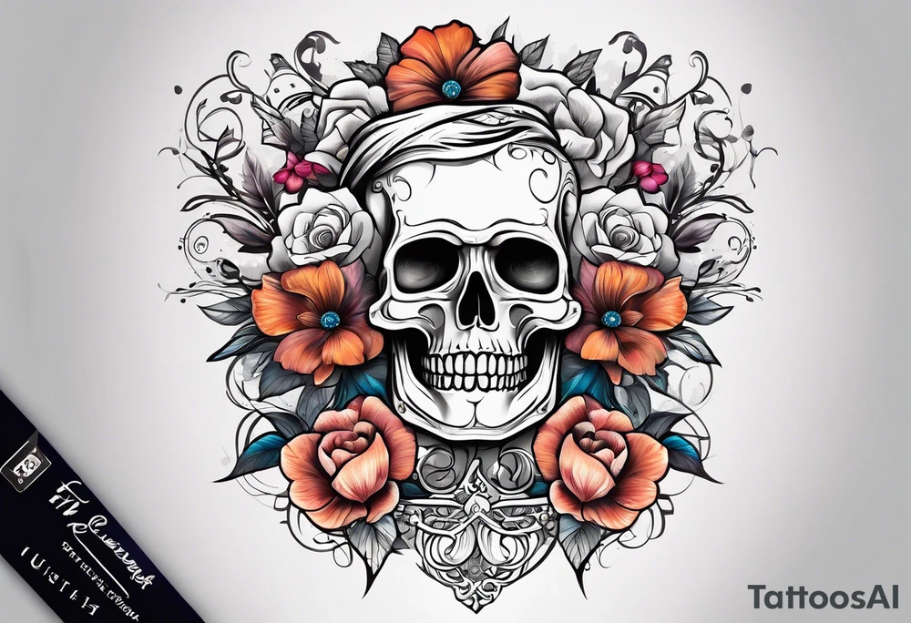 444 with letter F behind it and flowers tattoo idea