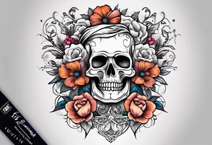 444 with letter F behind it and flowers tattoo idea