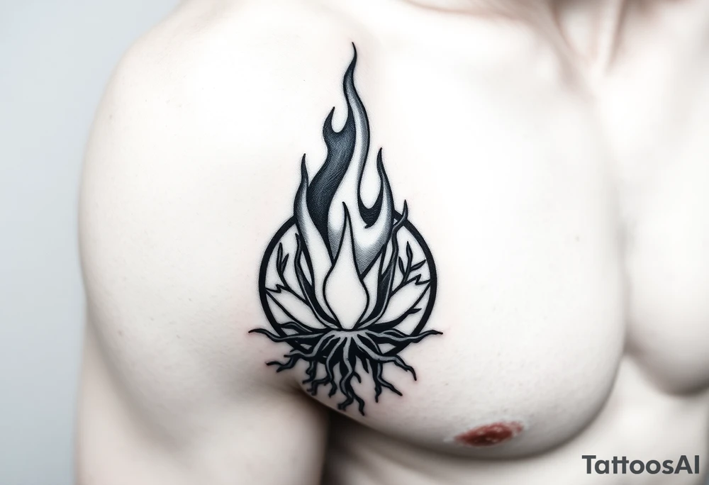 flame in a blooming roots circle tattoo idea