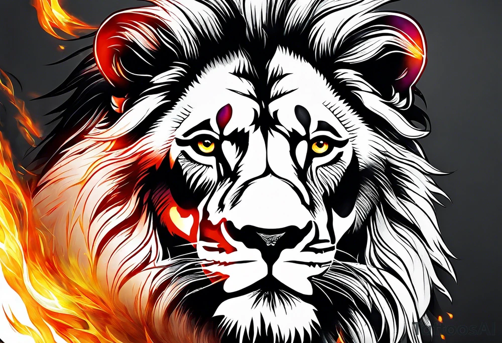 A lion surrounded by fire in full color tattoo idea