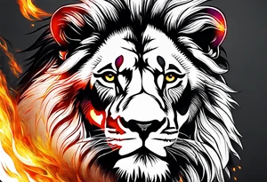 A lion surrounded by fire in full color tattoo idea