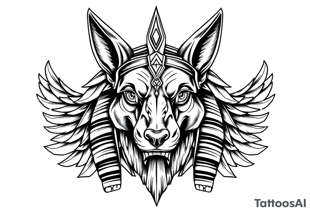 Egyptian Anubis god face muscle in Egypt style  with mantle on head

dog face surrounded Egyptian symbols based on elements tattoo idea