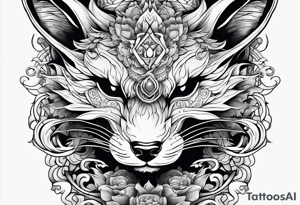 Split kitsune and oni mask head tattoo idea