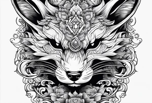 Split kitsune and oni mask head tattoo idea