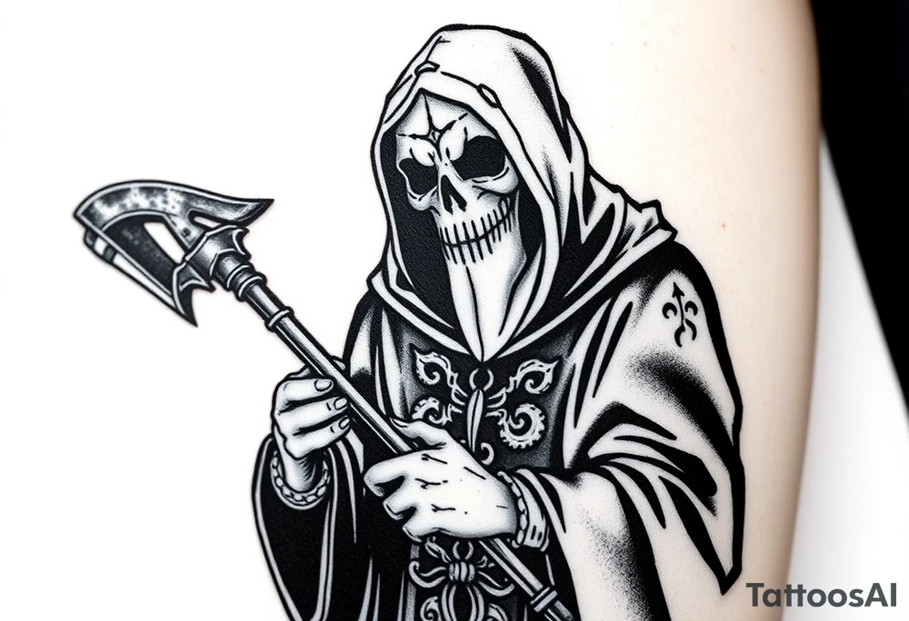 Gothic Horror Plague Doctor with Scythe – A menacing figure holding a rusted, bloodied scythe, dressed in a charcoal-black robe with intricate silver embroidery. The mask is a dull, faded gray with dark stains of time. tattoo idea