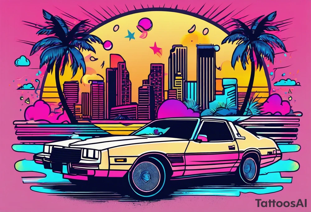 1980's miami vice style dance party with boom box, confetti, music notes in a retro eighties beach theme, no cars tattoo idea