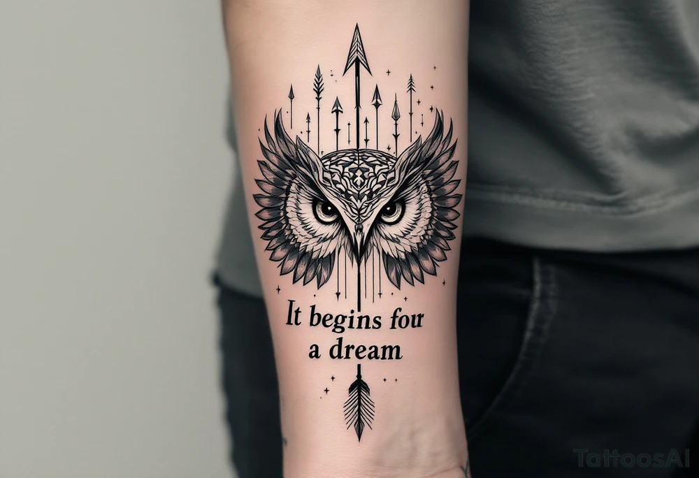 Tattoo inspired in the gifted brain in geometric and straight lines, with few watercolor details but mostly black, symbols representing intelligence, creativity and dreaming flying arround, the phrase "It begins with a dream", vertical owl wings behind and delicate and discrete owl eyes looking forwar, and an arrow crossing from above with watercolors leaking from it tattoo idea