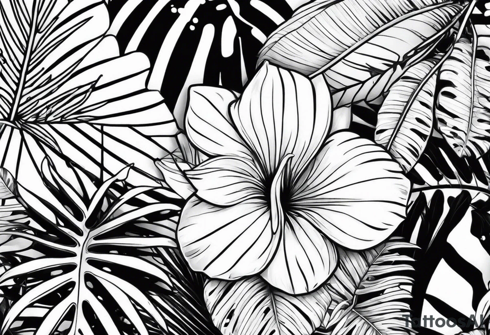 Tropical leaves line work tattoo idea