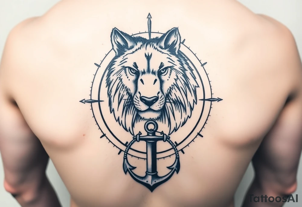 wolf bear lion surrounded by a compass with a small anchor on bottom. for sleeve tattoo idea