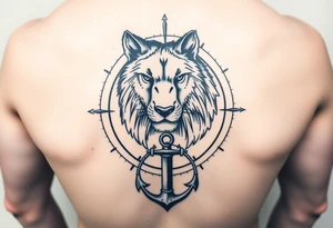 wolf bear lion surrounded by a compass with a small anchor on bottom. for sleeve tattoo idea