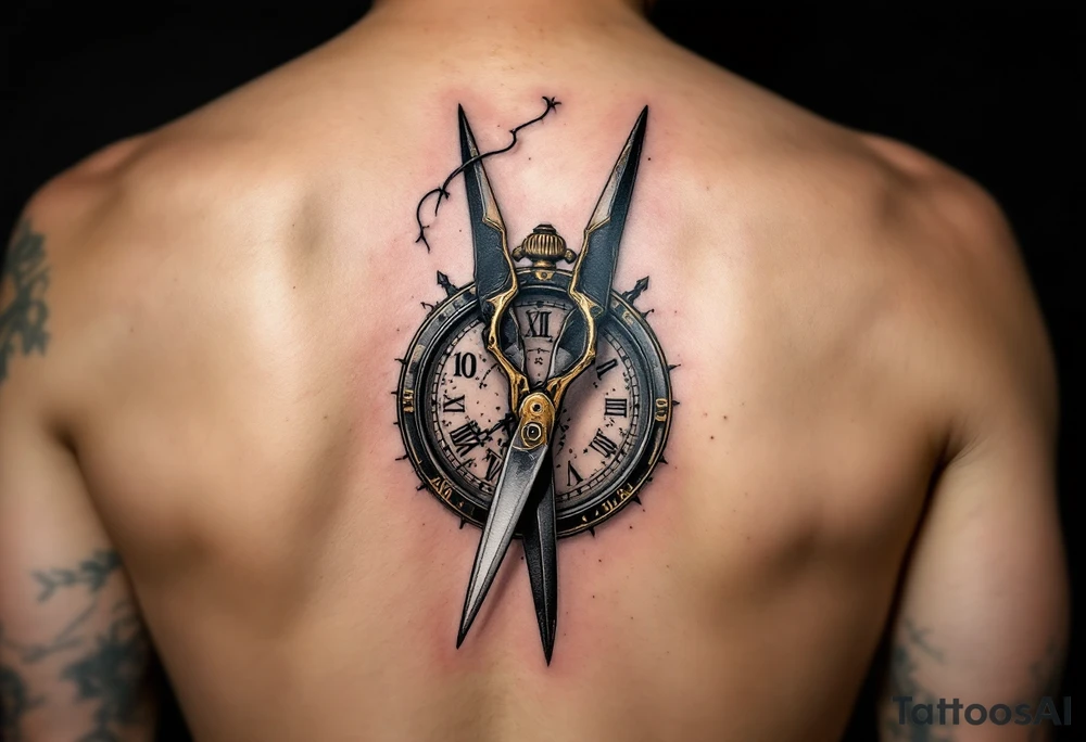 Scissors and Clock Tattoo – A vintage-style pair of brass scissors placed near an old-fashioned pocket watch, with black and gold tones to create a sense of timelessness, symbolizing the passage of time and the precision of moments. tattoo idea