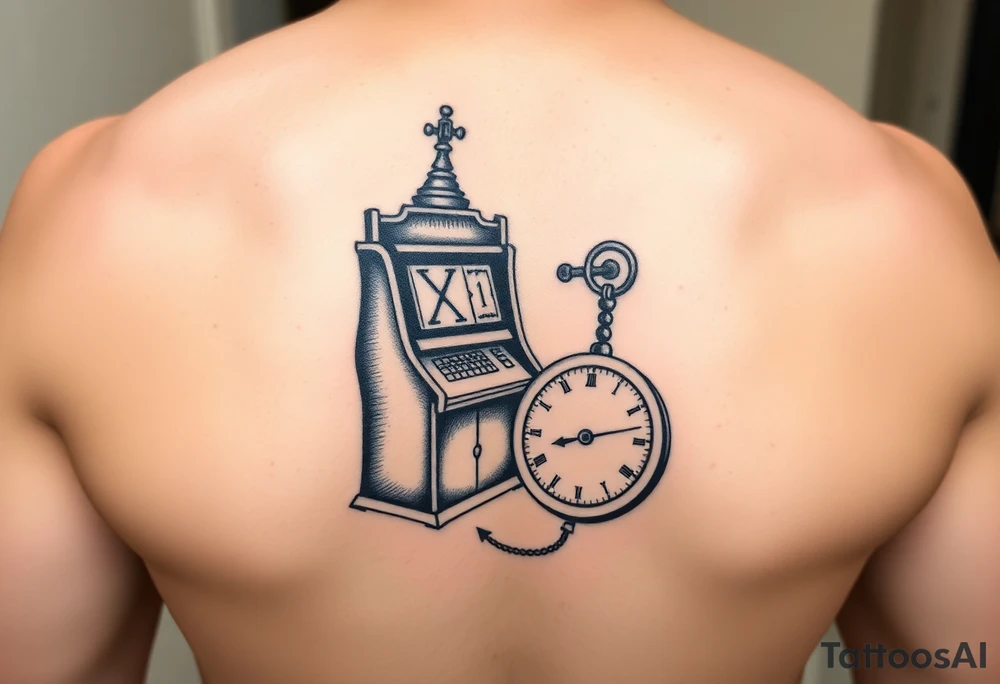 Slot machine next to pocket watch and compass tattoo idea