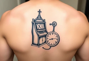 Slot machine next to pocket watch and compass tattoo idea